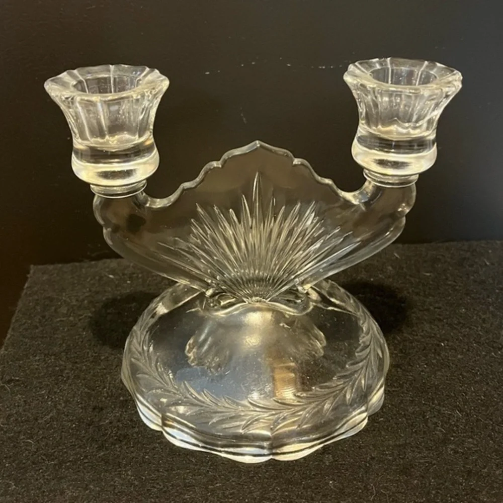 Vintage Clear Jeanette Glass Double Candlestick Sunburst Herringbone Set of Two